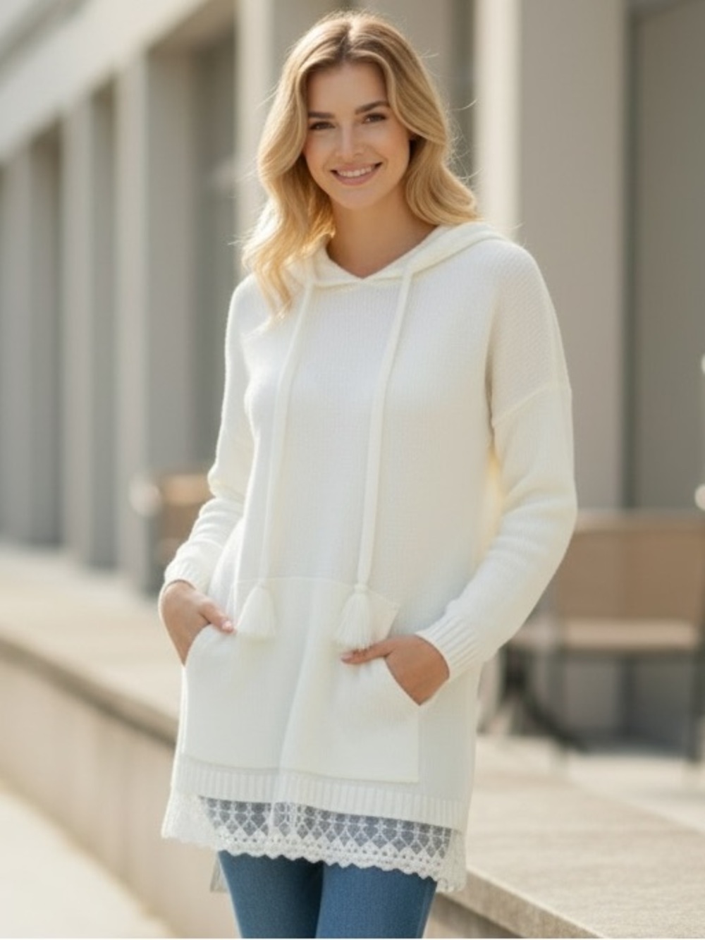 ODDY Cream Knit Crochet Lace Trim Hoodie Sweater Sz S/M